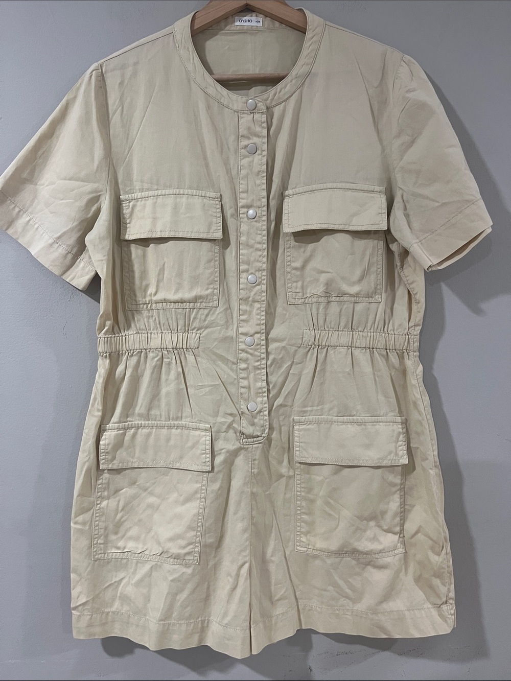 Oysho Round-Neck Utility Romper in Light Beige